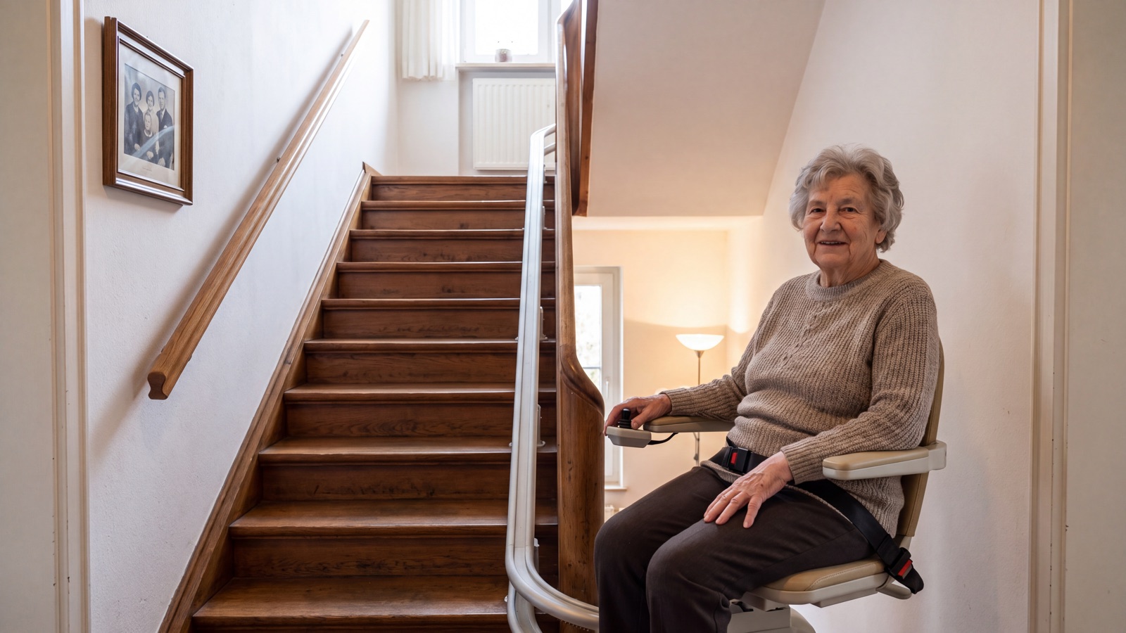 Ältere Frau auf einem Sitztreppenlift neben einer Innentreppe